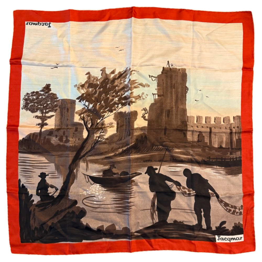Vintage Jacqmar Silk Scarf London Castle Landscape Fishermen River Water Scene